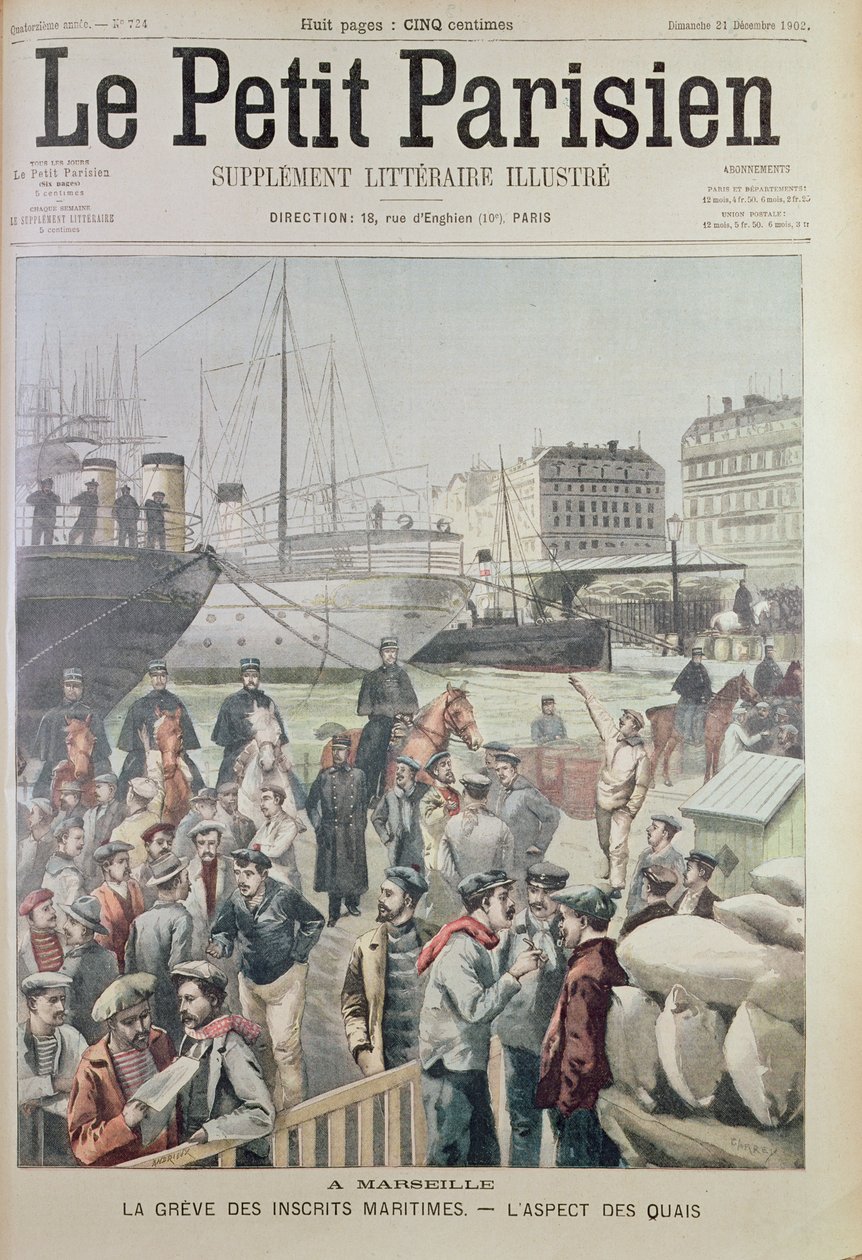 Näkymä Marseillen telakoille merilakon aikana, Le Petit Parisienin etukannessa, 21. joulukuuta 1902 tekijältä French School