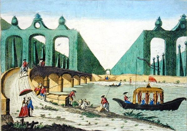 Näkymä Lord Hamiltonin puutarhasta kohti siltaa Thames-joen yli Lontoon lähellä (värillinen kaiverrus) tekijältä French School