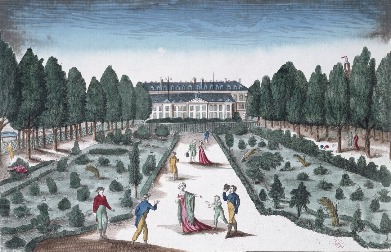 Näkymä Jardin des Plantesille, Seinen lähellä olevilta kaiteilta (värikaiverrus) tekijältä French School