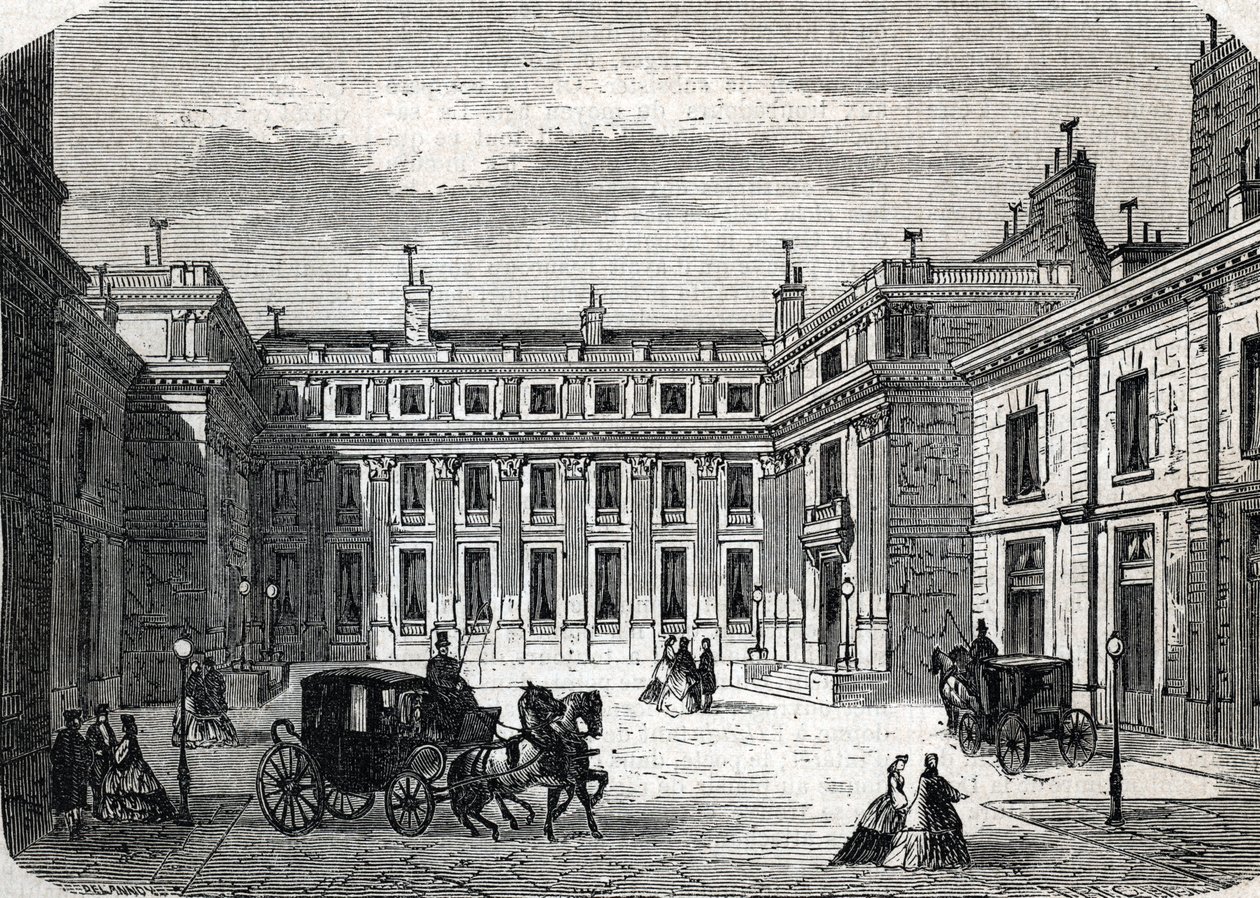 Näkymä opetusministeriöstä, Hotel de Rochechouart rue de Grenelle, Pariisi - (kaiverrus) 1864 tekijältä French School