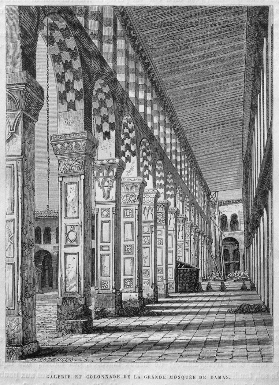 Näkymä North Porticoon, Umayyad-moskeijaan, Damaskukseen, Syyriaan, Syyriasta tänään. Matkustaa Foinikiassa, Libanonissa ja Juudeassa. Louis Charles Emile Lortetin 1875-1880, 1884 (bw-kaiverrus) tekijältä French School