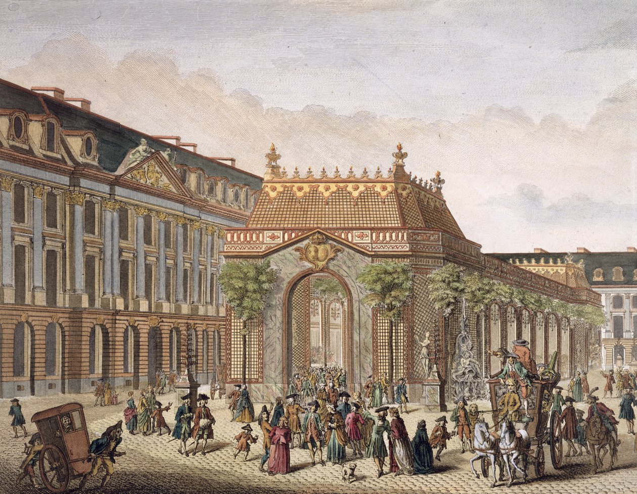 Näkymä Place de Louis le Grand -aukiolle, jossa yksi huoneista on rakennettu Monseigneur le Dauphinin hääjuhlaa varten (yksityiskohta 101866) (värikaiverrus) tekijältä French School