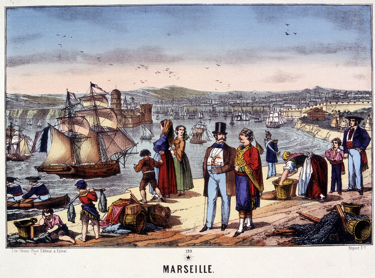 Näkymä Marseillen satamasta, kuva Epinalista, n.d. 1800-luvulla tekijältä French School