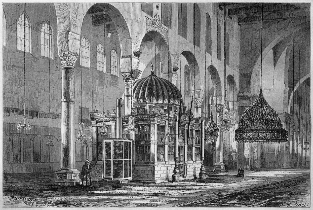Näkymä rukoussalille, Umayyad-moskeijalle, Damaskos, Syyria, Syyriasta tänään. Matkustaa Foinikiassa, Libanonissa ja Juudeassa. Louis Charles Emile Lortetin 1875-1880, 1884 (bw-kaiverrus) tekijältä French School