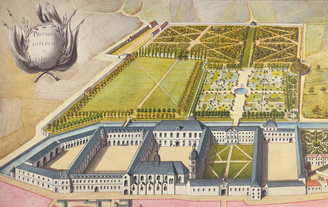 Näkymä Prytanee Imperialille, entiselle jesuiittakorkeakoululle La Flechessä, n. 1810 (wc) tekijältä French School