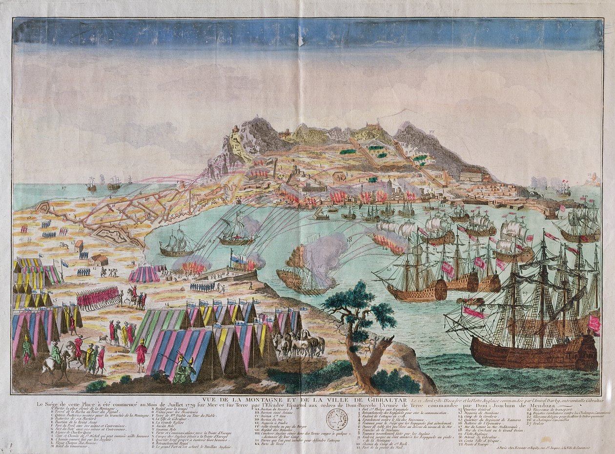 Näkymä kalliolle ja Gibraltarin kaupunkiin vuoden 1779 piirityksen aikana tekijältä French School