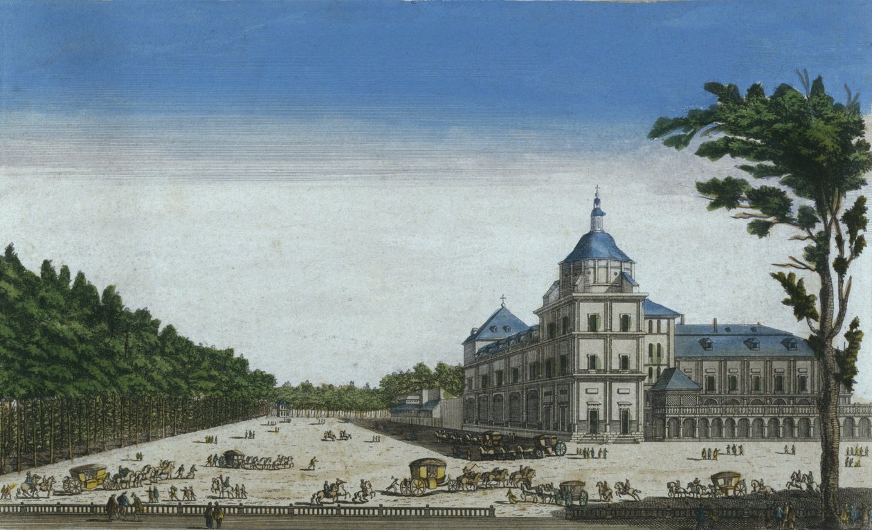 Näkymä Aranjuezin kuninkaalliseen palatsiin, Espanja (värikaiverrus) tekijältä French School