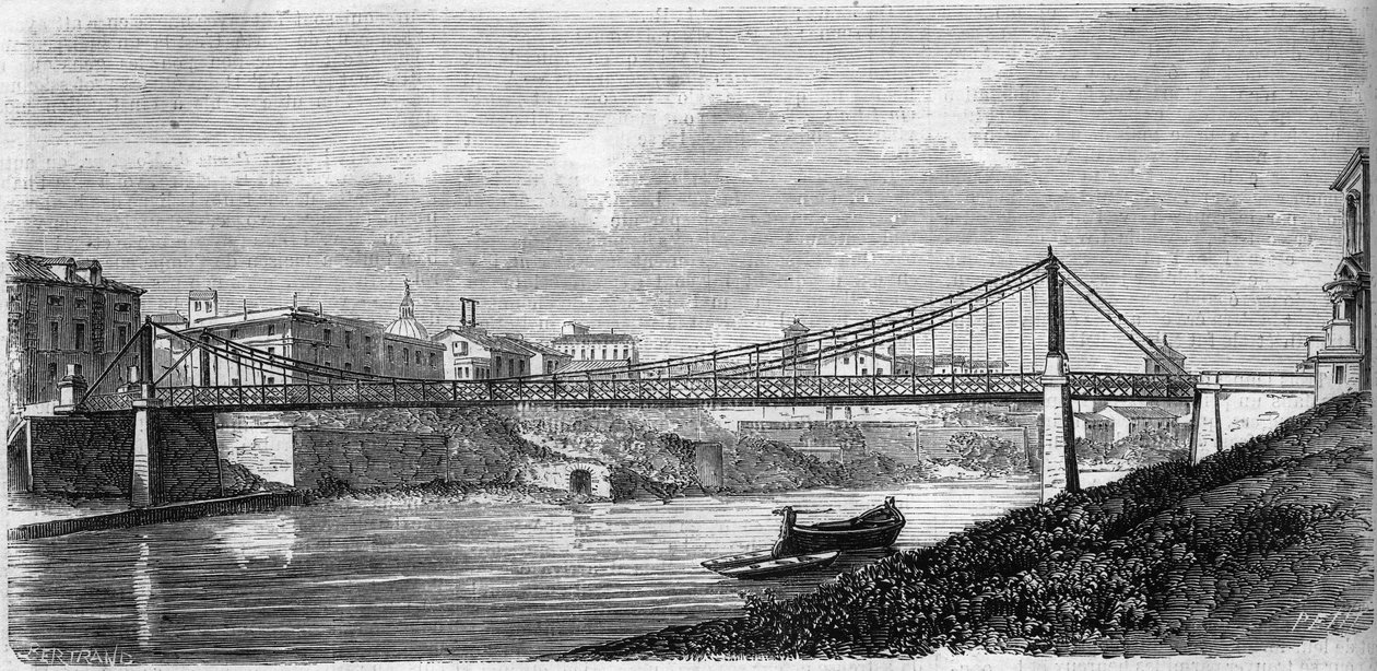 Näkymä Pyhän Johanneksen sillalle Tiber-joella (Tevere) Italiassa, vihitty käyttöön vuonna 1863. Tämän terässillan on suunnitellut Alphonse Oudry (1819-1869). Kaiverrus "" Le Monde Illustré" -julkaisussa nro 349, 19. joulukuuta 1863. tekijältä French School