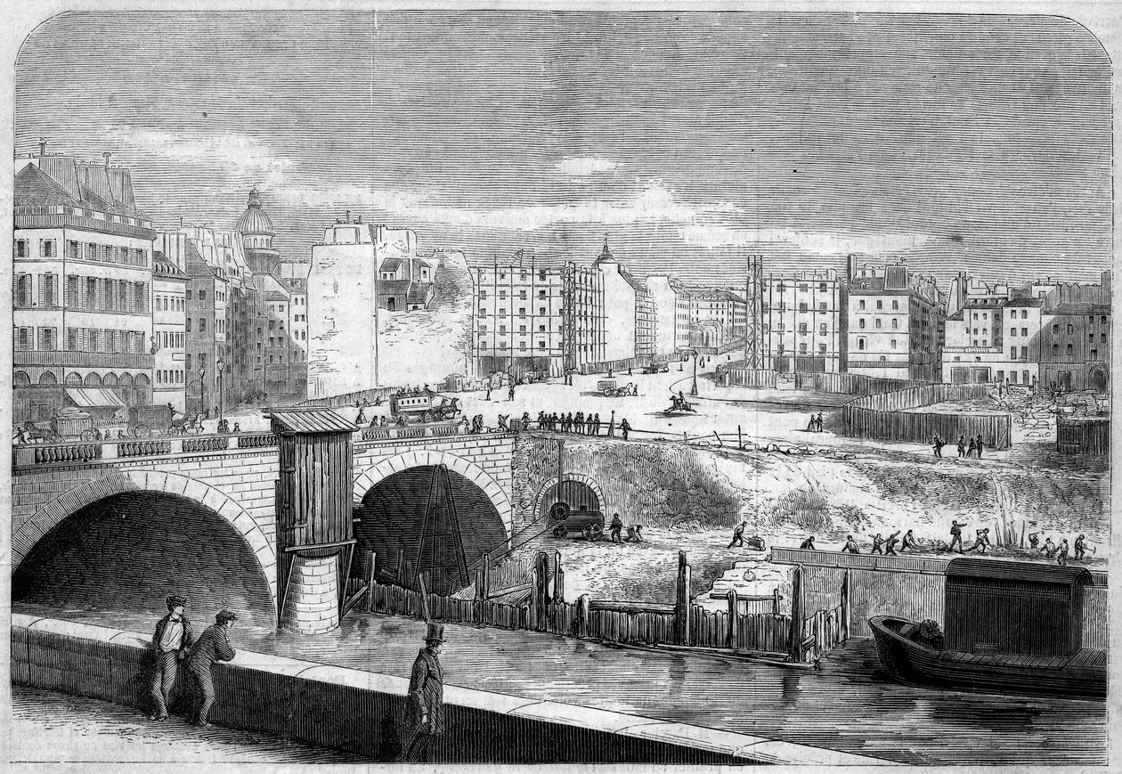 Näkymä Saint Michelin sillalle (Saint-Michel), joka rakennettiin vuonna 1857, ja Place Saint Michelille (Saint-Michel) Pariisissa tekijältä French School