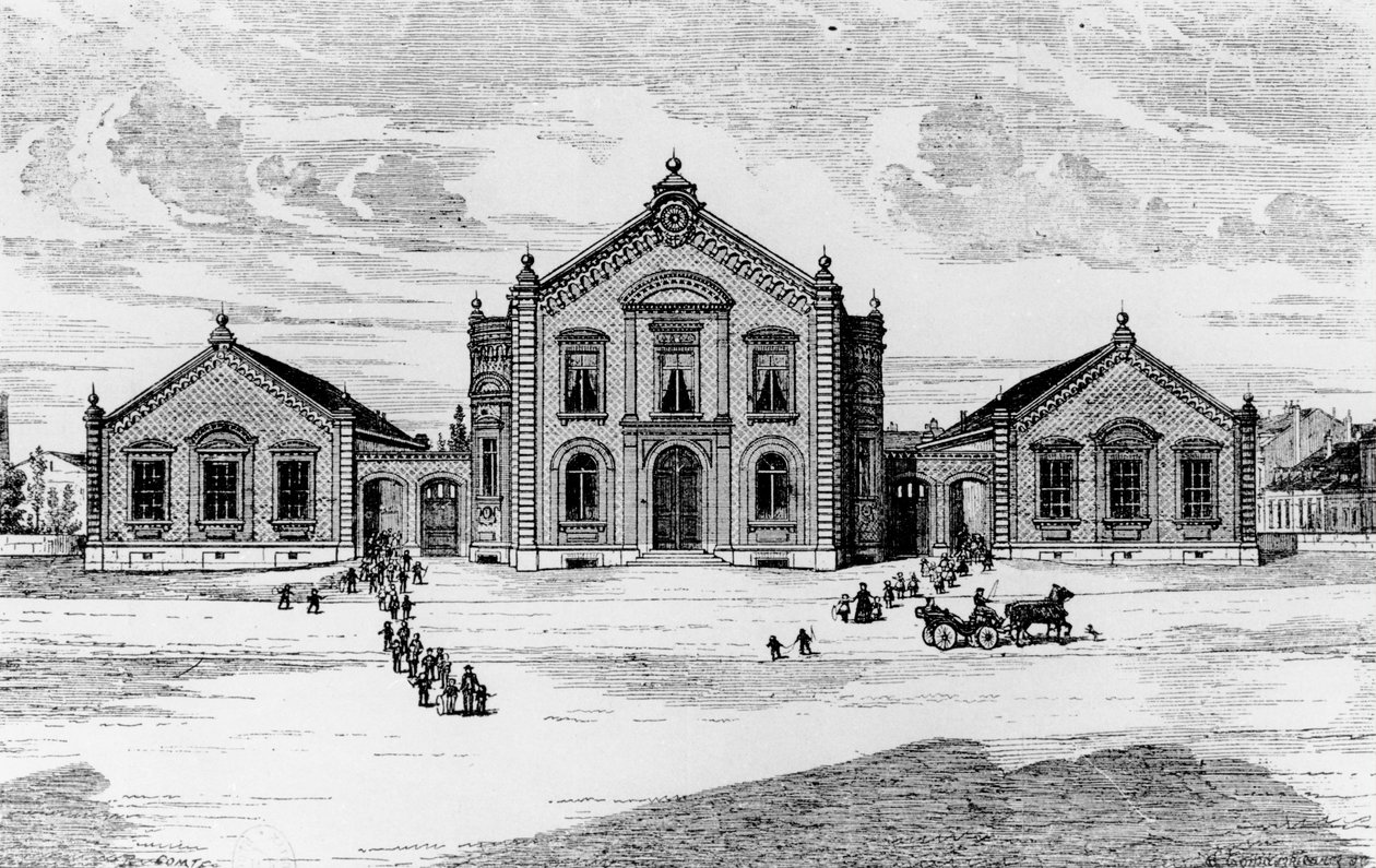 Näkymä kouluihin ja teatteriin, Familistery of Guise, Jean-Baptiste Andre Godinin (1817-88) Solutions Socialesista, Pariisi, 1871 tekijältä French School