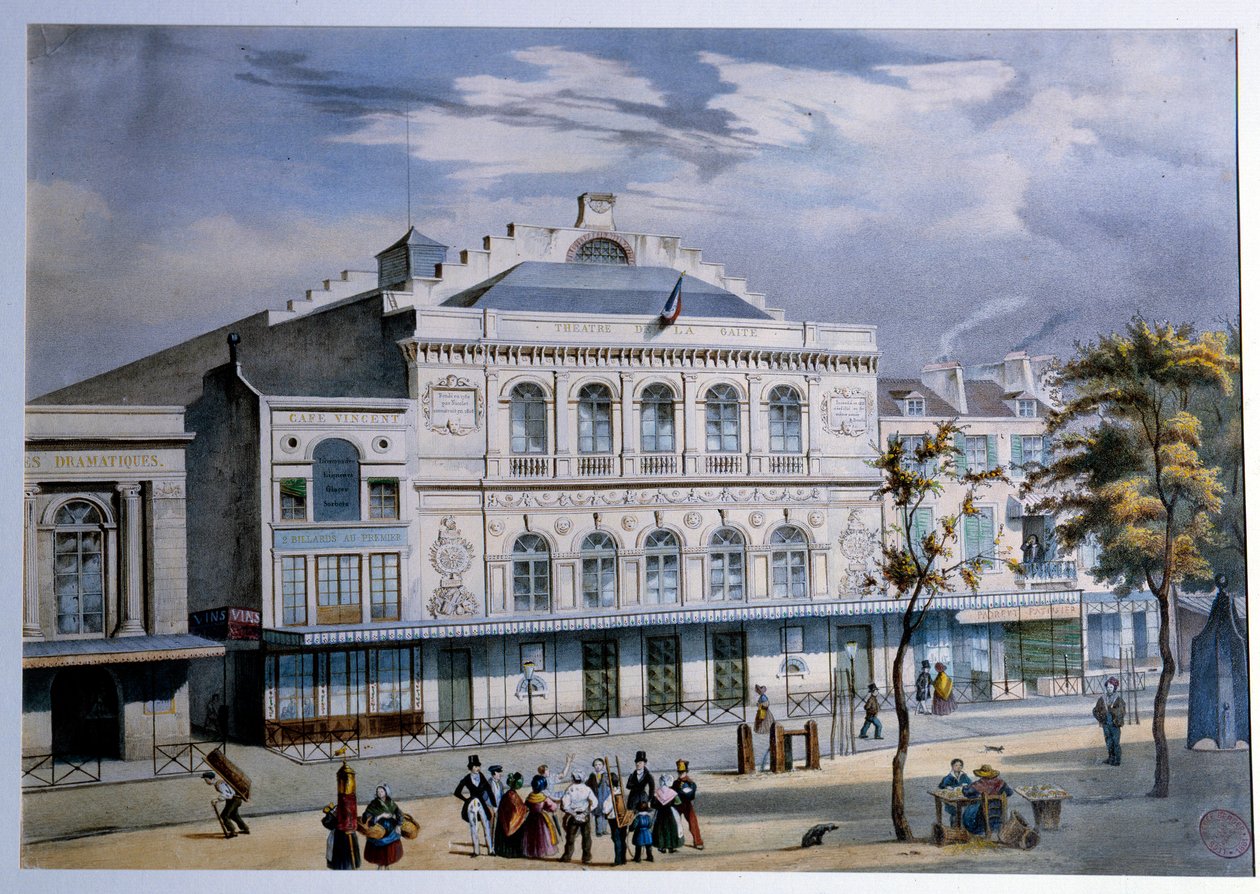 Näkymä Theater de la Gaite -teatterista Pariisissa 1800-luvun Pariisin litografia. Musee Carnavalet tekijältä French School