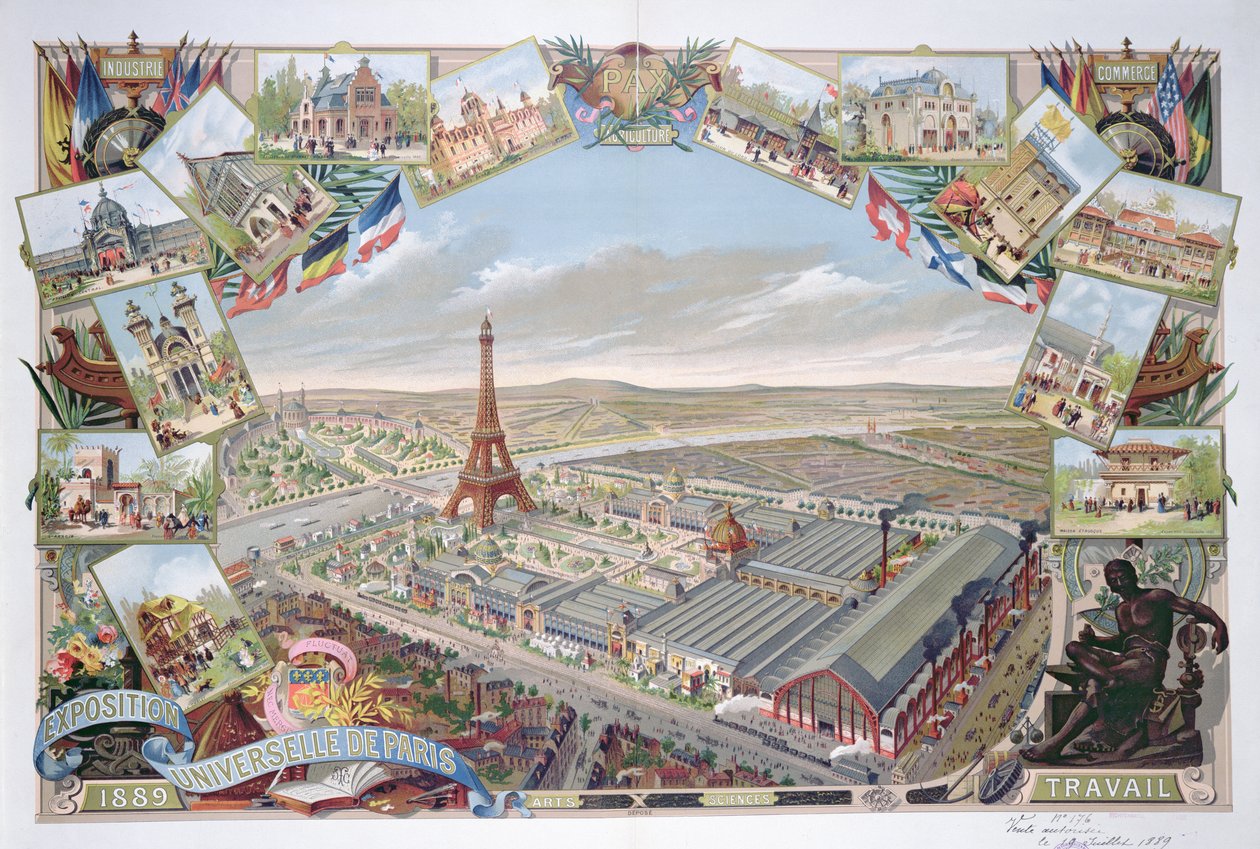 Näkymä yleisnäyttelystä eri paviljongien ja Eiffel-tornin kanssa, 1889 tekijältä French School