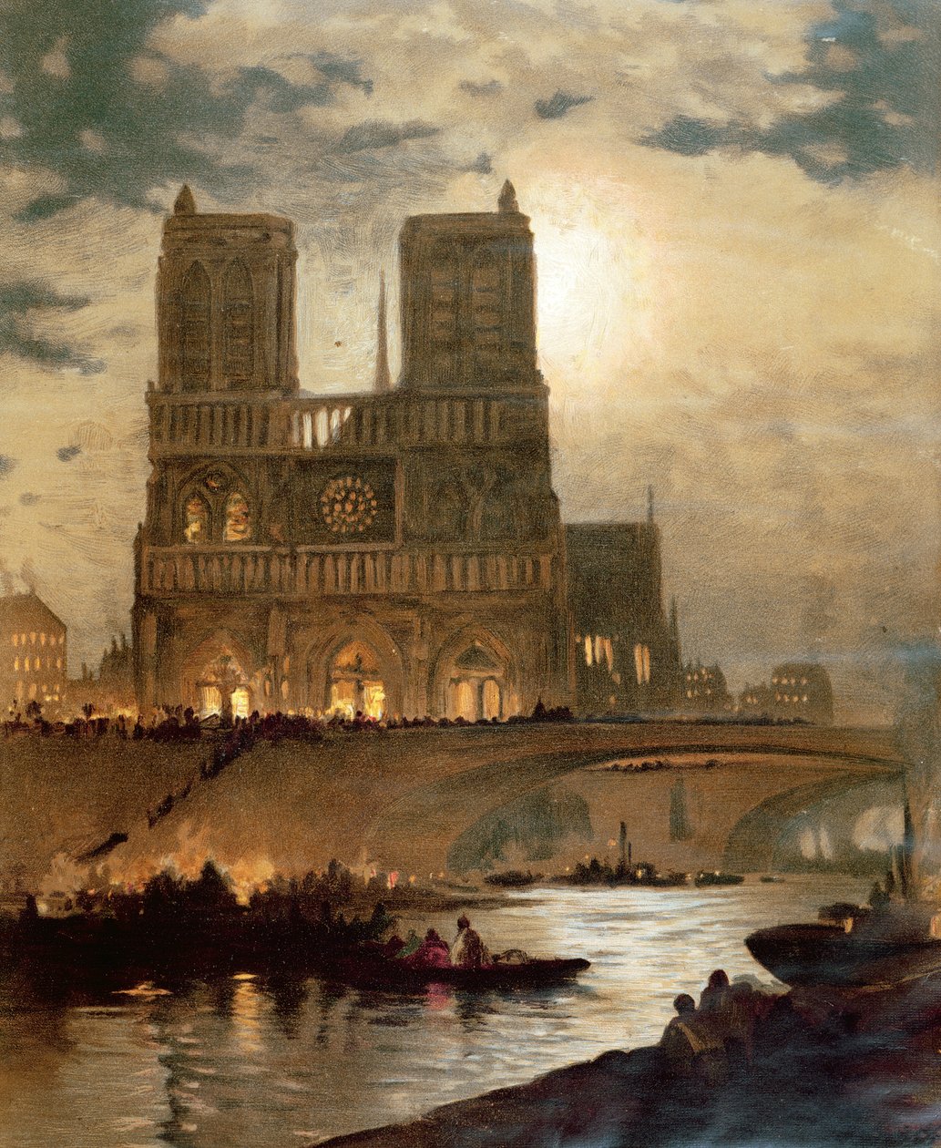 Näkymä Pariisin Notre-Damen katedraalin länsijulkisivulle, noin 1840 tekijältä French School