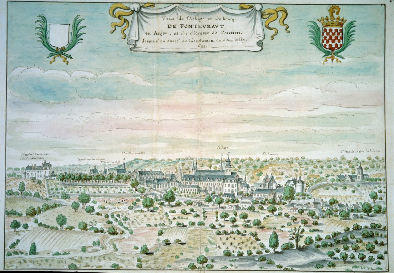 Näkymä Fontevraultin (Fontevraud) luostarista Mainessa ja Loiren akvarelli ranskalaisesta koulusta. 1699 Paris, B.N. tekijältä French School