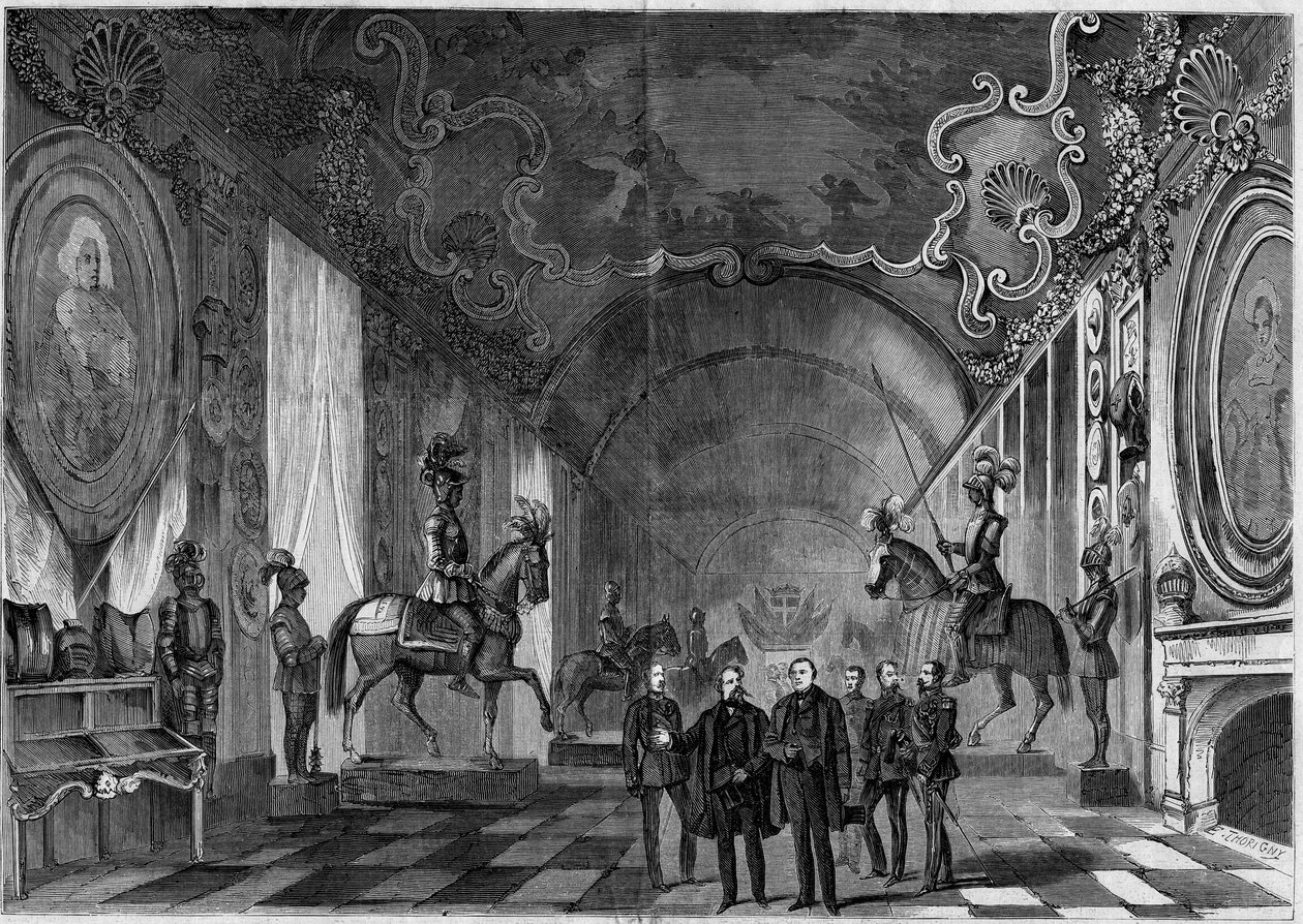 Näkymä Torinon palatsin (Italia) asehuoneesta kuningas Victor Emmanuel II:n (Vittorio Emanuele) (Victor-Emmanuel) (1820-1878) ja prinssi Napoleonin (1822-1891) vierailun aikana tekijältä French School