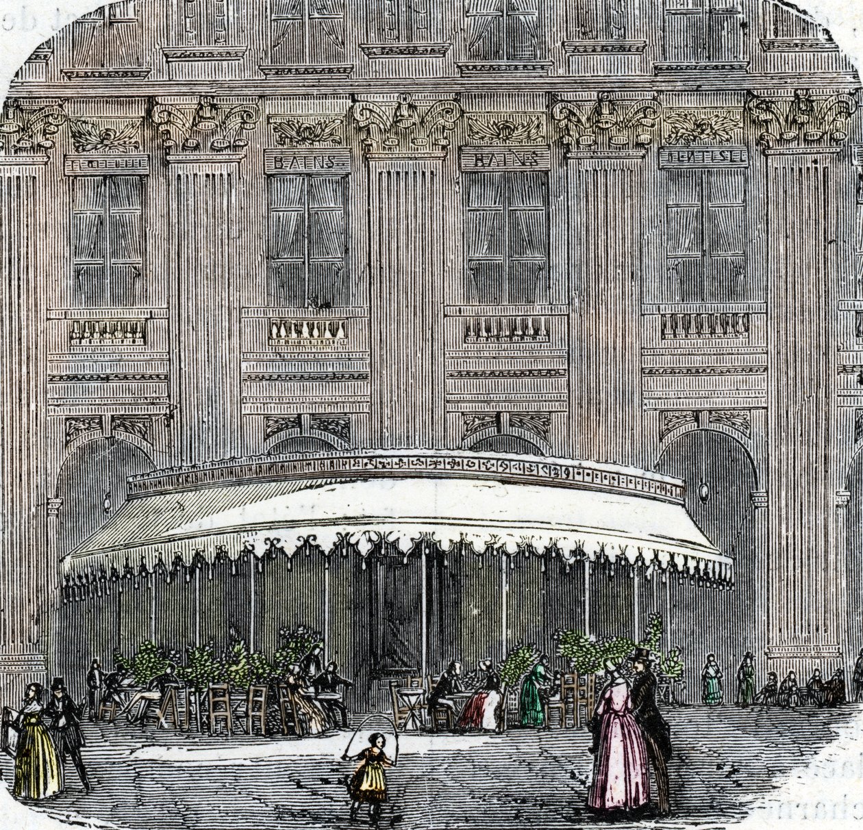 Näkymä Cafe de la Rotondesta Palais-Royalissa Pariisissa noin 1860 (värillinen kaiverrus) tekijältä French School