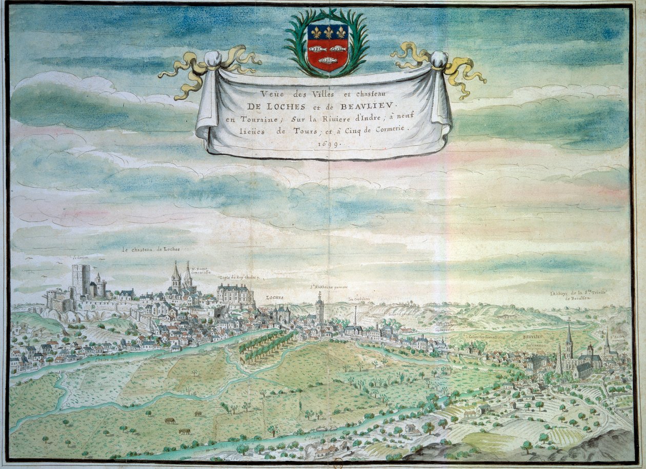 Näkymä Lochesin linnalle Näkymä Beaulieu les Lochesille Indren ja Loiren alueella. Ranskalaisen koulun akvarelli. 1699 Paris, B.N. tekijältä French School