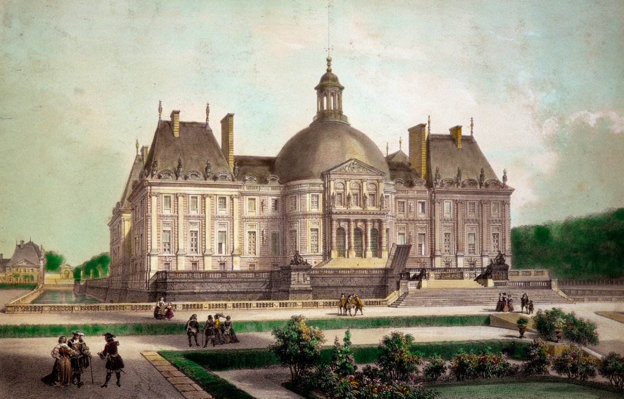 Näkymä Vaux le Vicomten (Vaux-le-Vicomten) linnasta Maincyssa (Seine-et-Marne), rakennettu noin 1658. 1800-luvun yksityiskokoelman grafiikkaa tekijältä French School