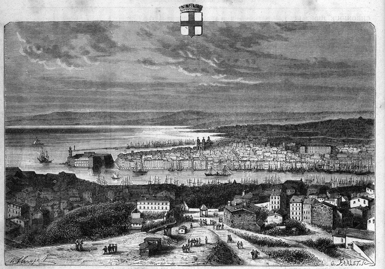 Näkymä Marseillen kaupunkiin ja satamaan. Kaiverrus vuodelta 1880 yksityisessä "La republique illustree" -kokoelmassa. tekijältä French School