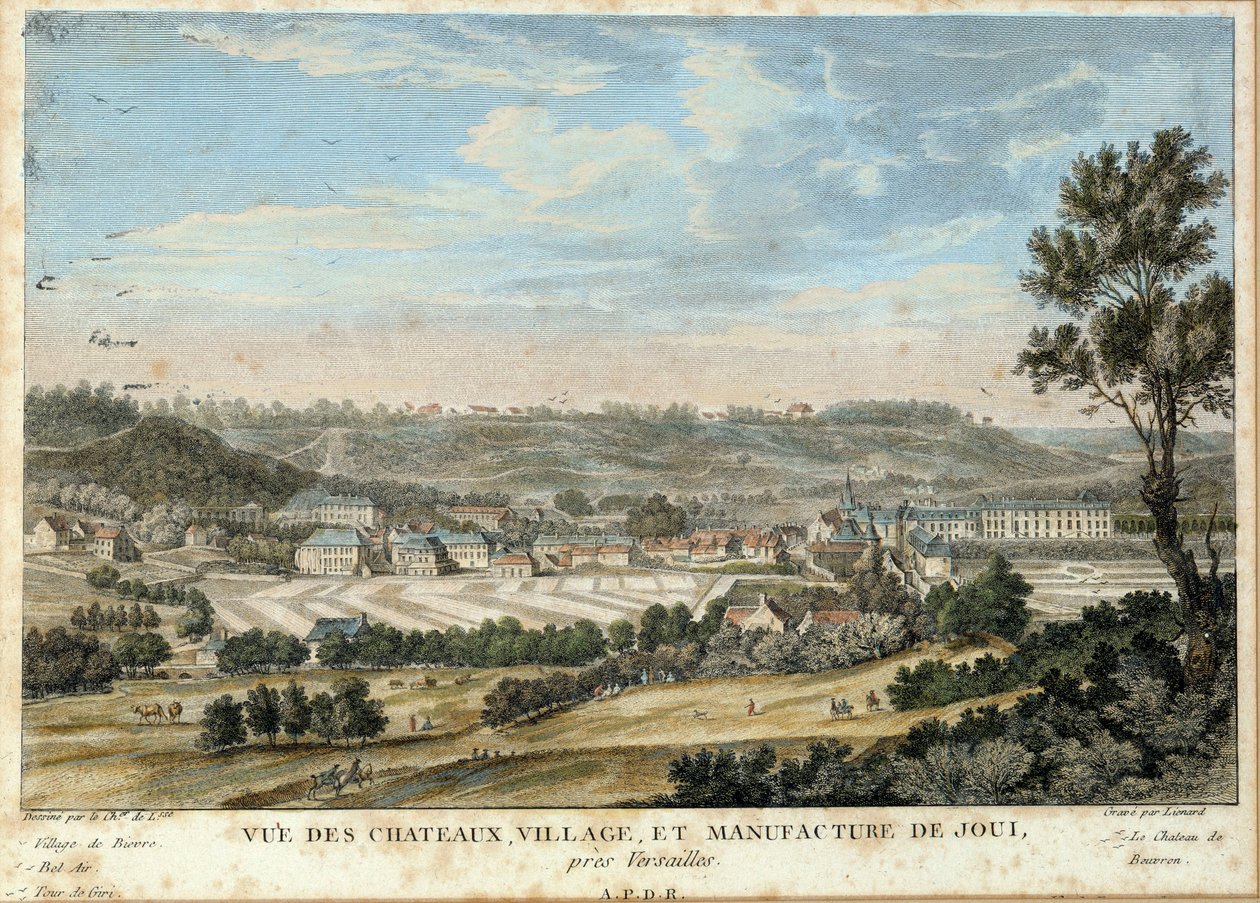 Christophe Philippe Oberkampfin (1738-1815) Jouy en Josasissa (Yvelines) (asennettu vuonna 1758) tekemä näkymä kaupungista ja kankaantehtaasta Sceaux, Musee de l