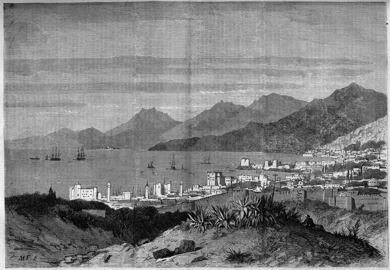 Näkymä Beirutin kaupungista vuonna 1860. Kaiverrus kirjaan "The Illustrous World" nro 172, 28. heinäkuuta 1860. tekijältä French School