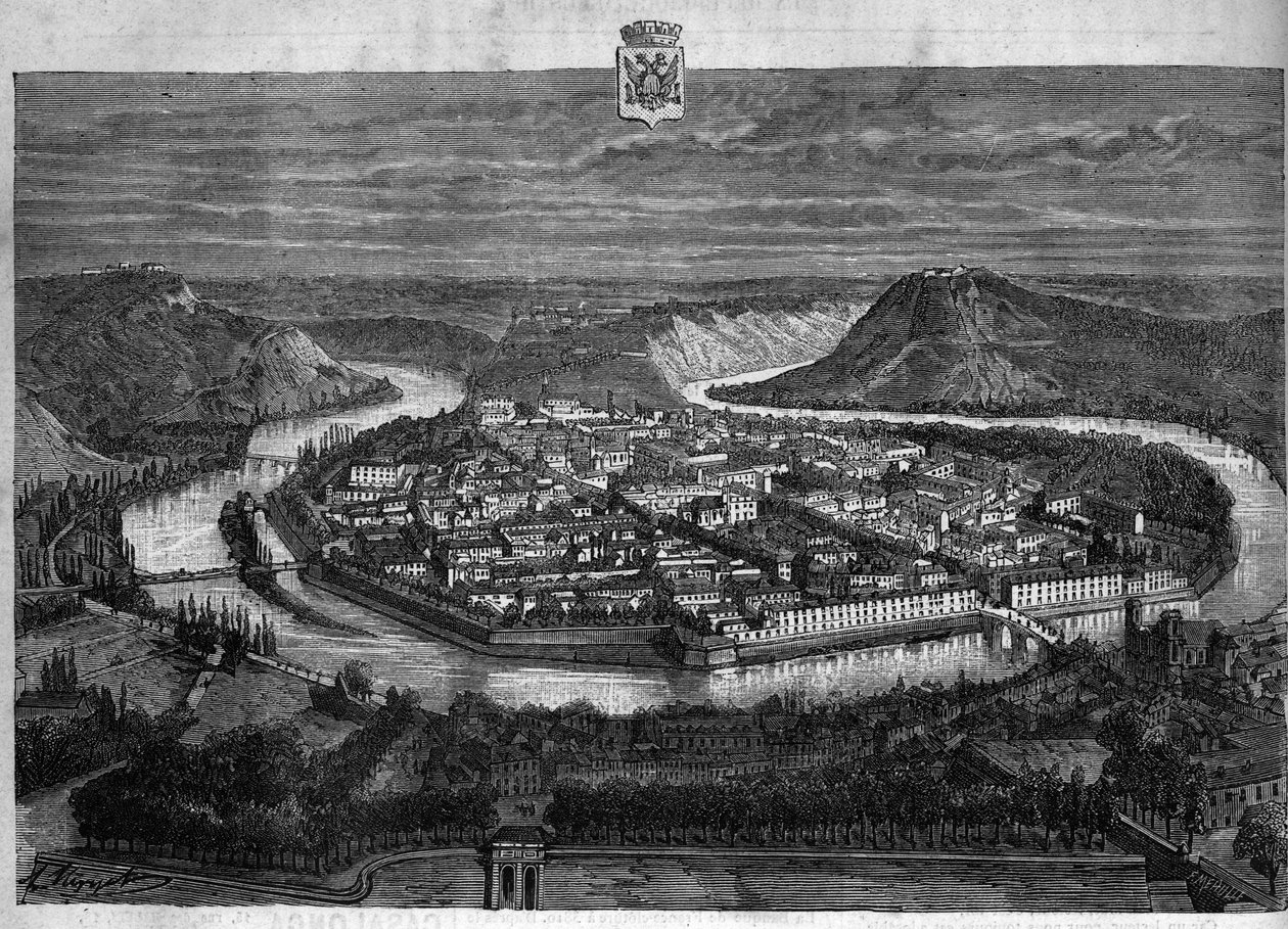 Näkymä Besanconin kaupunkiin Doubsissa. Kaiverrus vuodelta 1880 yksityisessä "La republique illustree" -kokoelmassa. tekijältä French School