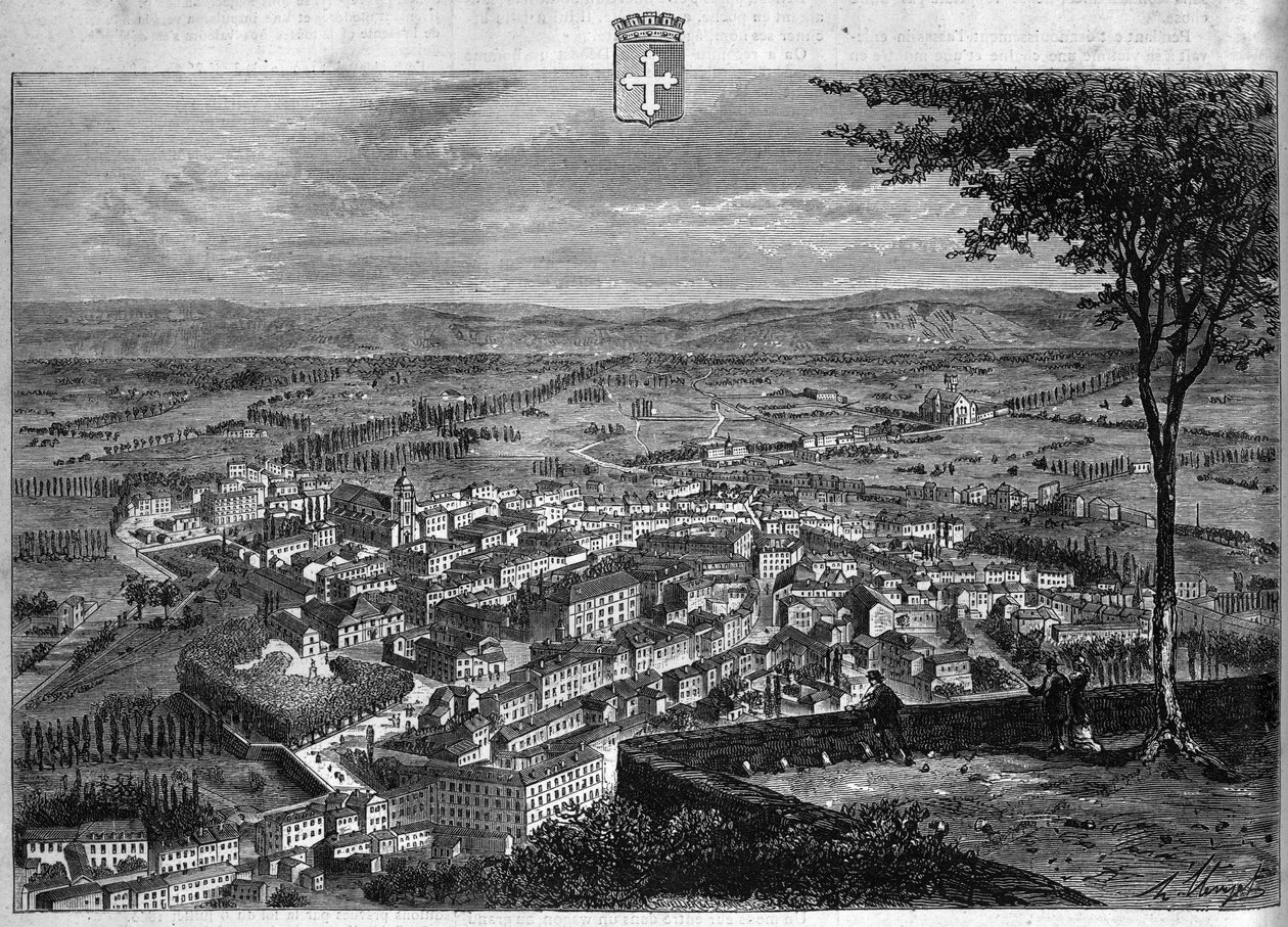 Näkymä Bourgin kaupunkiin Ainissa. Kaiverrus vuodelta 1880 ”La republique illustree”” yksityiskokoelmassa. tekijältä French School