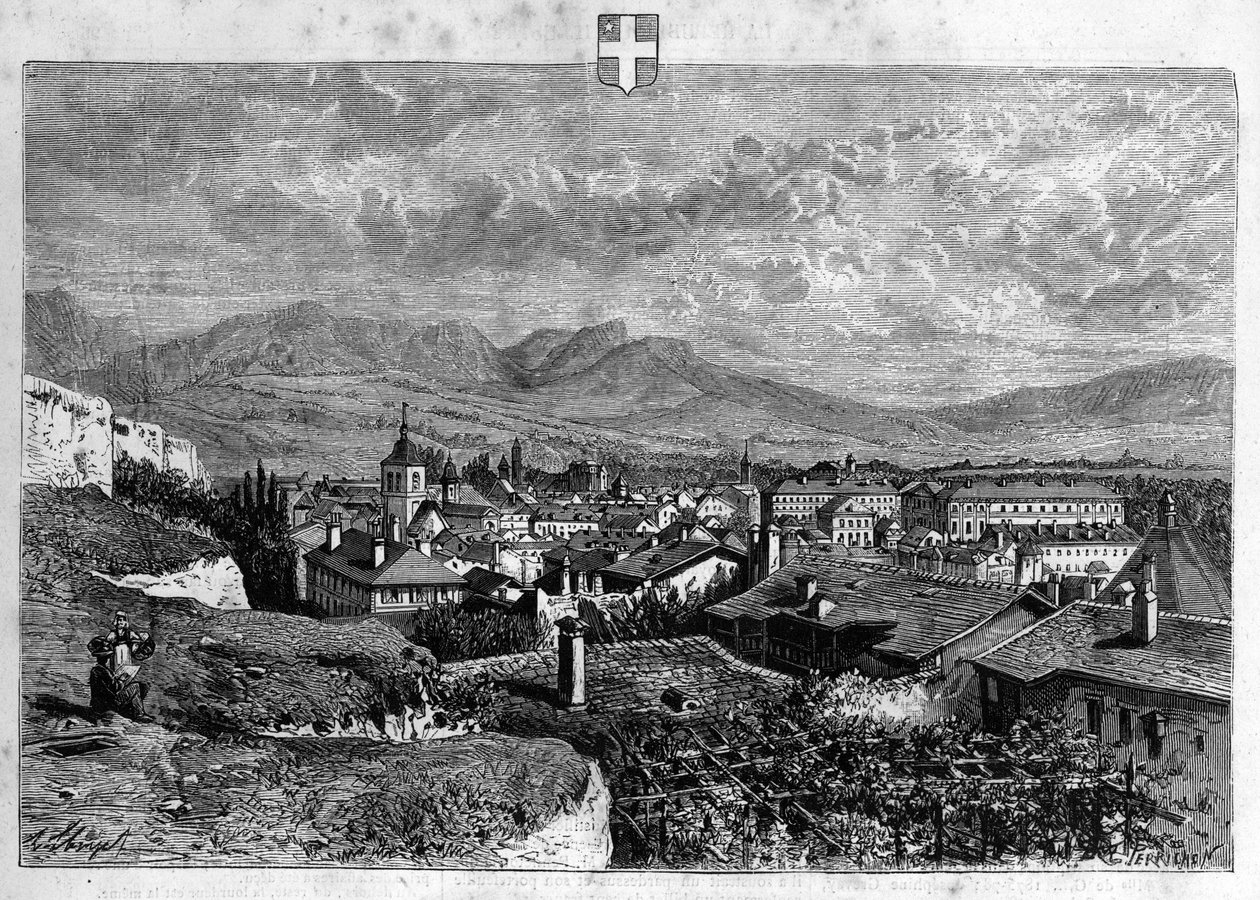 Näkymä Chamberyn kaupunkiin Savoyssa. Kaiverrus vuodelta 1880 yksityisessä "La republique illustree" -kokoelmassa. tekijältä French School