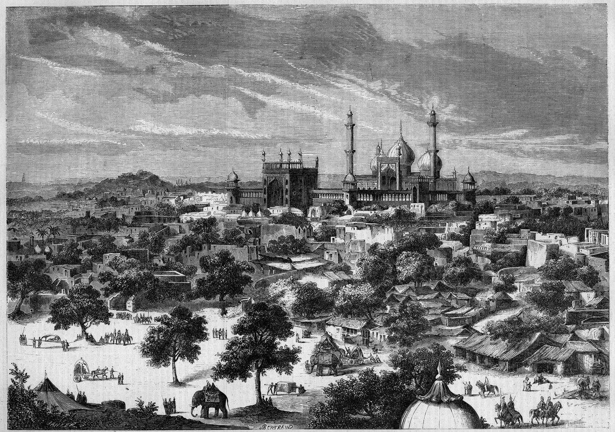 Näkymä Delhin kaupungista (Intia) vuonna 1857. Luonnoksesta prinssi Alexis Soltykoffista. Bertrandin kaiverrus "" Le Monde Illustré" -julkaisussa nro 20, 29. elokuuta 1857. tekijältä French School