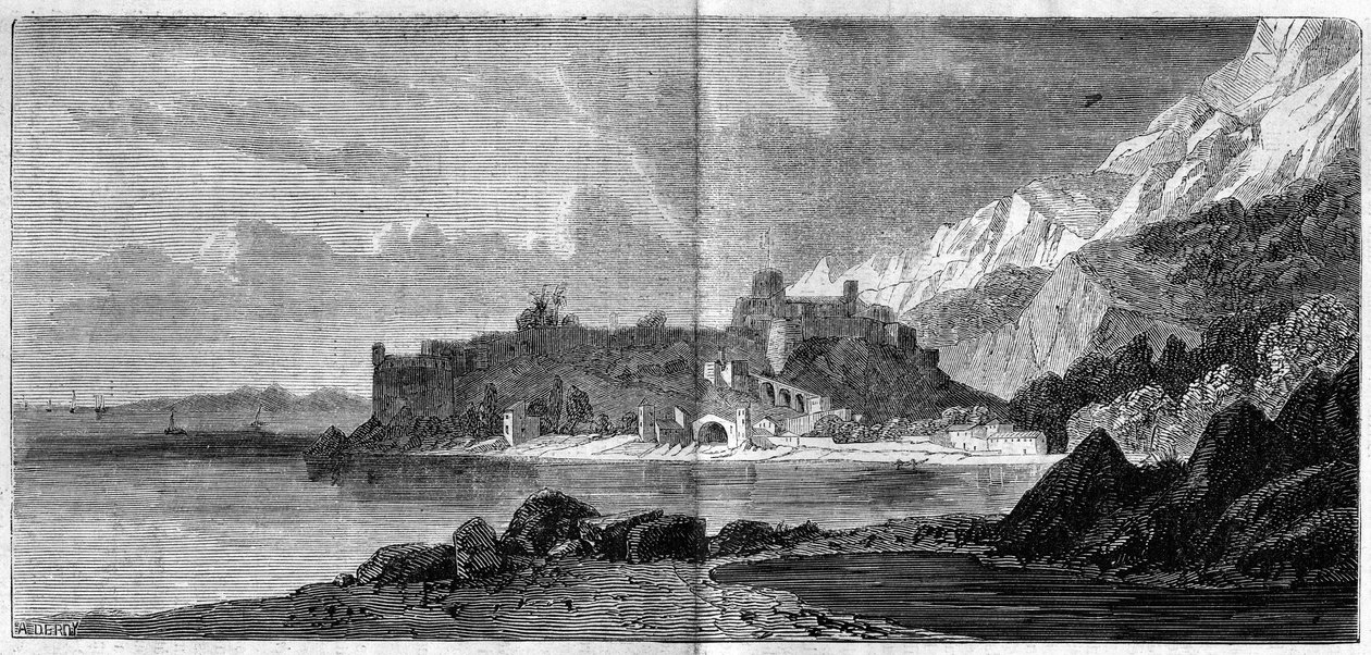 Näkymä Monacon kaupungista vuonna 1860. Kaiverrus 14. huhtikuuta 1860 kirjaan "" The Illustrous World"" nro 157. tekijältä French School
