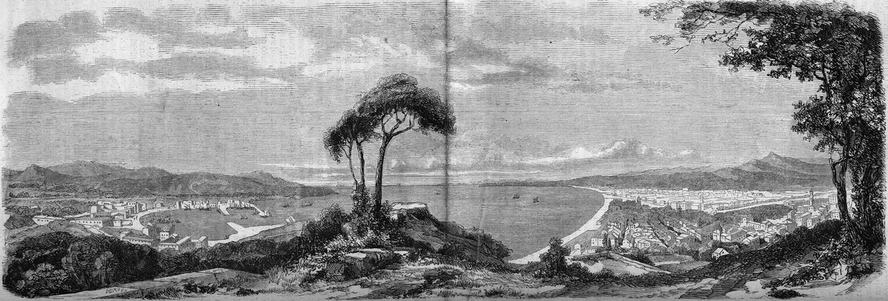Näkymä Nizzan kaupungista vuonna 1860. Kaiverrus 14. huhtikuuta 1860 julkaistuun kirjaan "" The Illustrous World" n°157. tekijältä French School