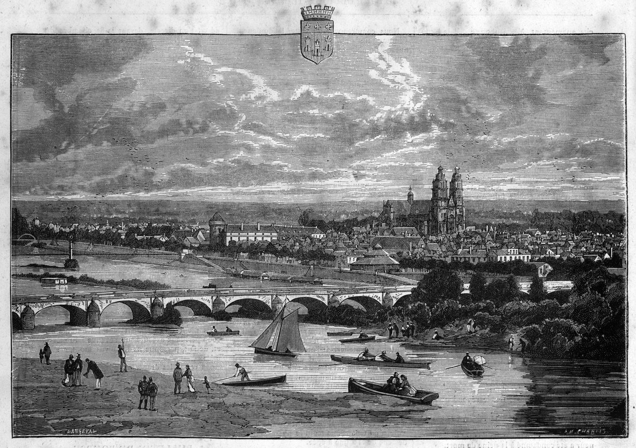Näkymä Toursin kaupunkiin Indre et Loiressa. Kaiverrus vuodelta 1880 ”La republique illustree”” yksityiskokoelmassa. tekijältä French School