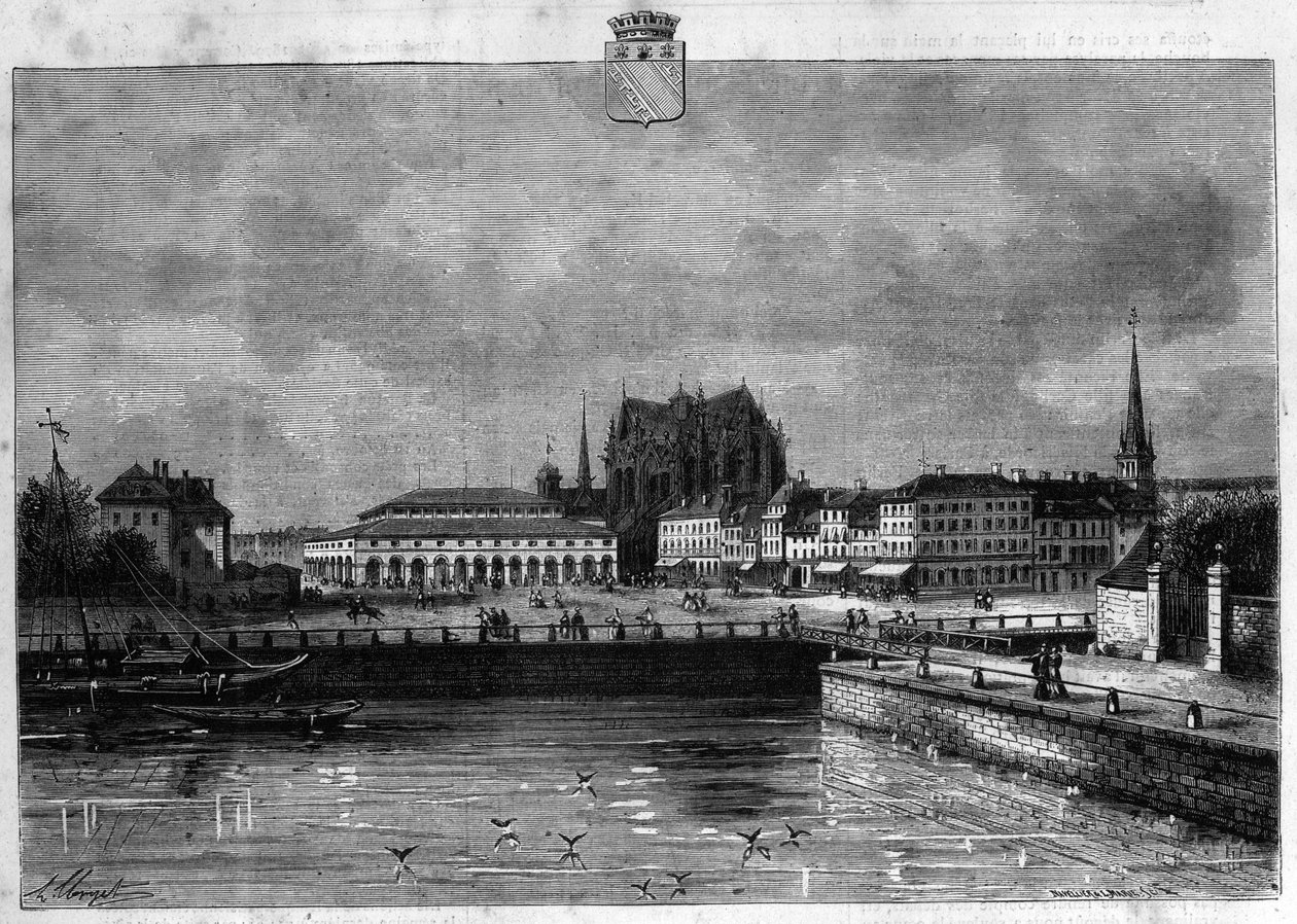 Näkymä Troyesin kaupunkiin Dawnissa. Kaiverrus vuodelta 1880 "La republique illustree" -yksityiskokoelmassa. tekijältä French School