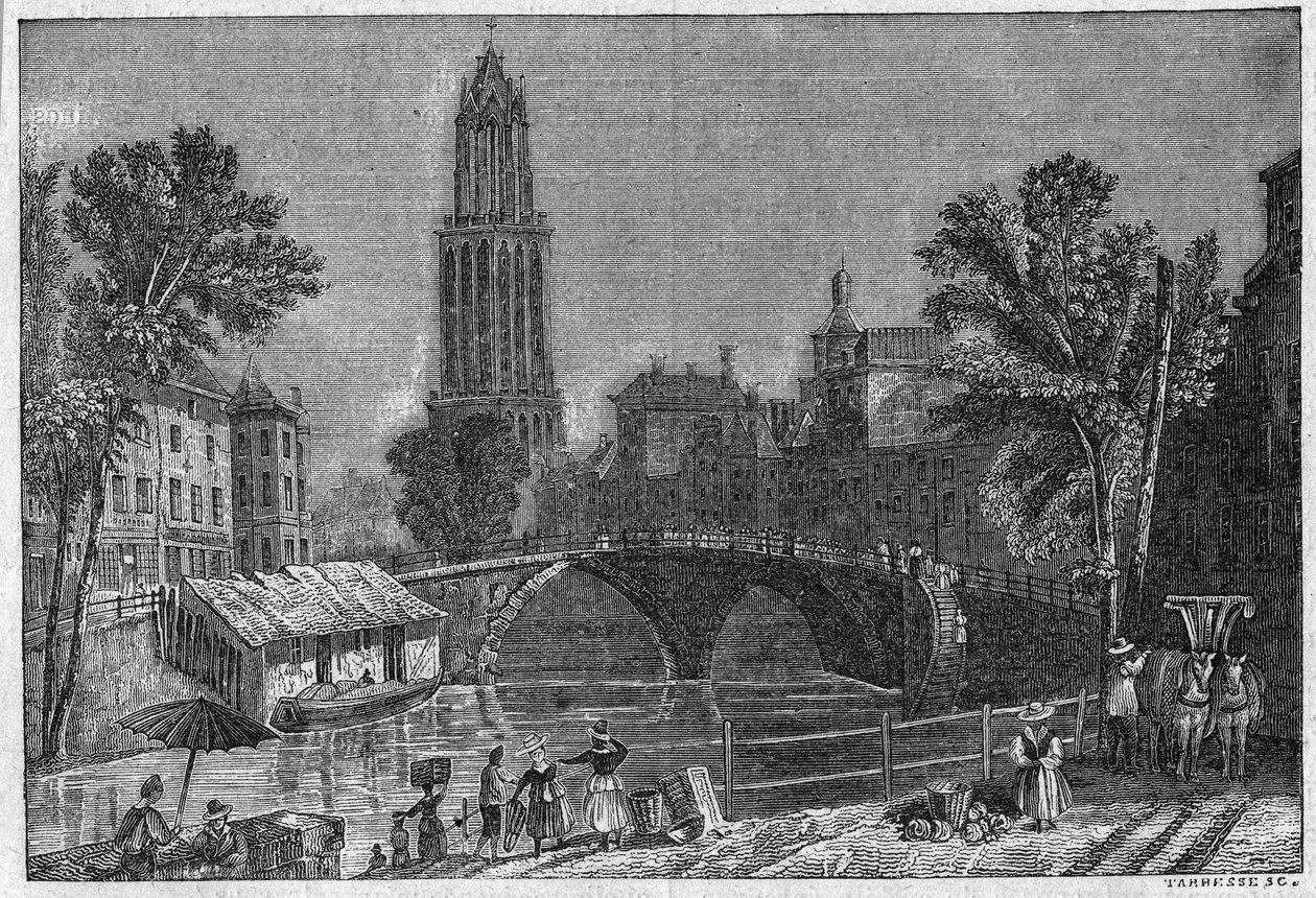 Näkymä Utrechtin kaupunkiin Hollannissa, 1800-luvun lopulla. Kaiverrus "La gazette du dimanche" -julkaisussa 5. joulukuuta 1895. tekijältä French School