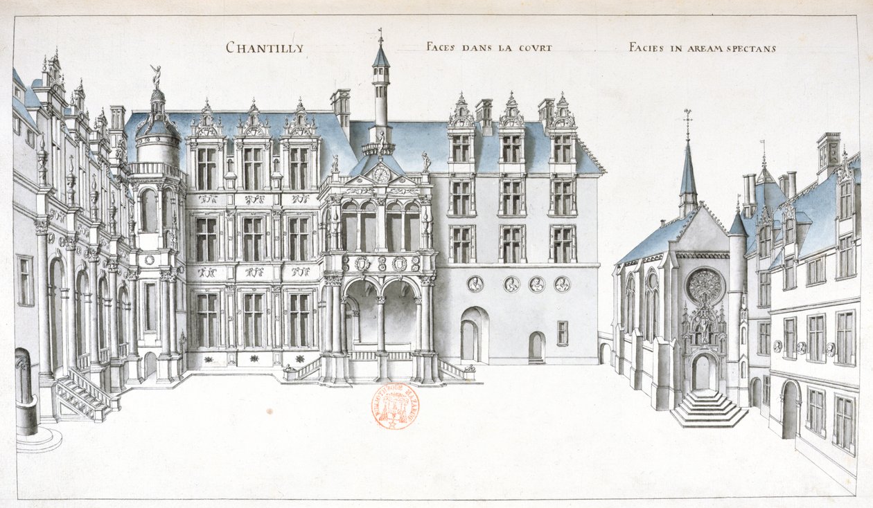 Näkymä Chantillyn sisäpihalle ja kappelille (kynä, muste ja wc paperilla) tekijältä French School