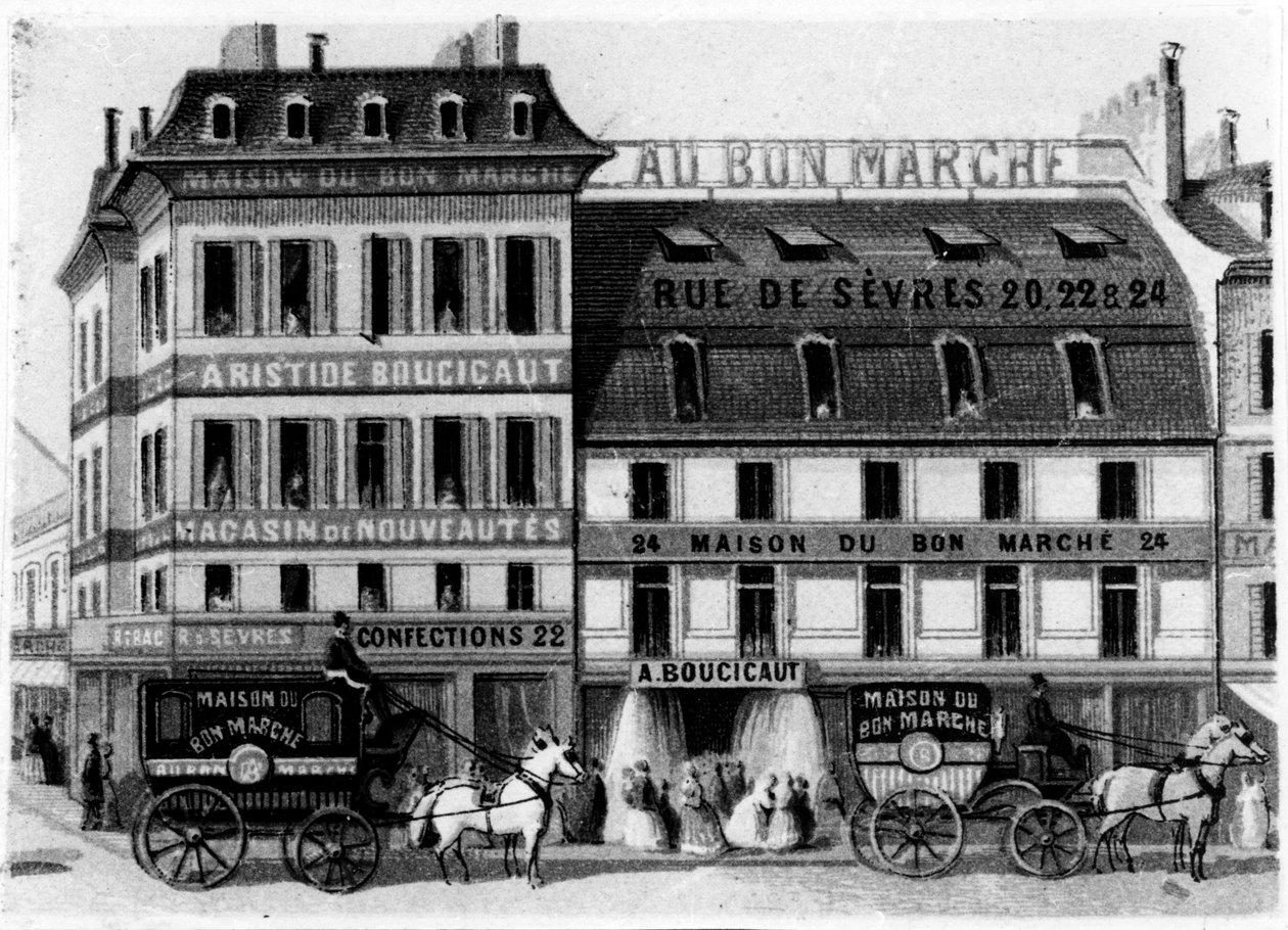 Näkymä Bon Marché Storen ulkopuolelta, rue de Sèvres, Pariisi, n. 1869 tekijältä French School