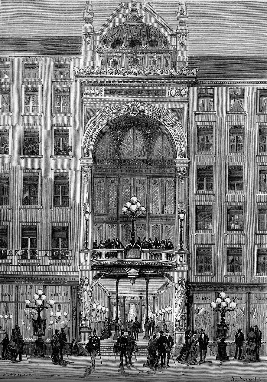 Näkymä Jules Chatronin (1831-1884) vuonna 1879 rakentaman Bellecour-teatterin julkisivusta Lyonissa. Kaiverrus "" Le Monde Illustré" -julkaisussa nro 1176, 11. lokakuuta tekijältä French School