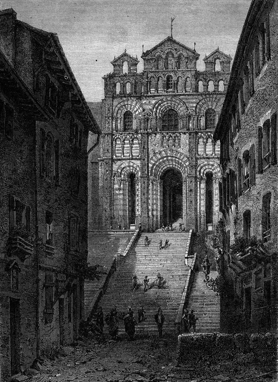 Näkymä Cathedrale Notre Dame du Puy en Velay (Puy-en-Velay), Haute Loire (43) julkisivulle tekijältä French School