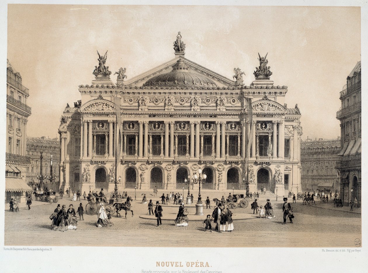 Näkymä Pariisin Opera Garnierin julkisivusta, josta on näkymät Boulevard des Capucinesille. 1800-luvun akvarelli Pariisista, Musee Carnavalet tekijältä French School