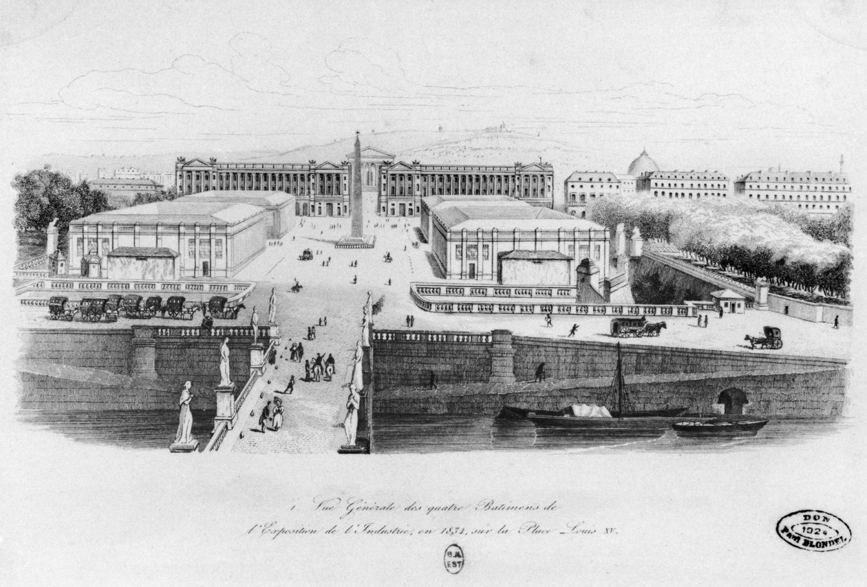 Näkymä Pariisin teollisuusnäyttelyn neljään rakennukseen, Place Louis XV, 1834 tekijältä French School