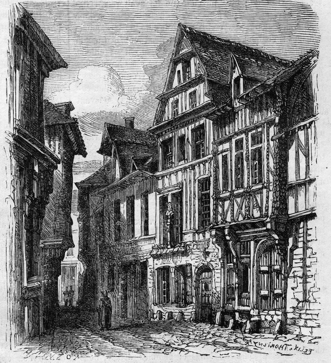 Näkymä talosta, joka sijaitsee rue de la Pie, Rouenissa, jossa Pierre Corneille syntyi. Kaiverrus "" Le Monde Illustré" -julkaisussa nro 308, 3. tammikuuta tekijältä French School