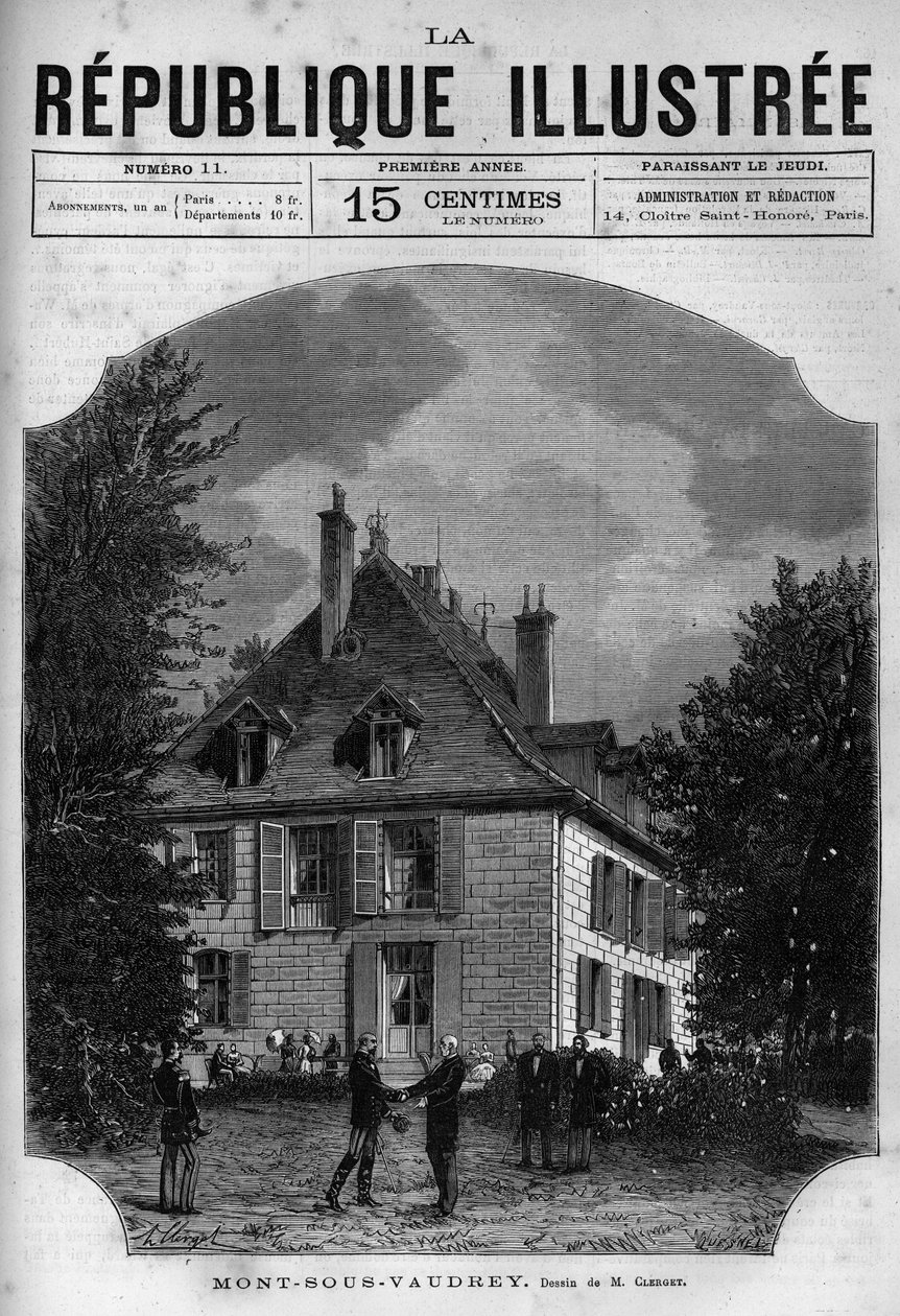 Näkymä presidentti Jules Grevyn (1807-1891) talosta Mont sous Vaudreyssa (Mont-sous-Vaudrey) Franche Comtessa. Sanomalehti. Kaiverrus vuodelta 1880 yksityisessä "The Illustrious Republic" -kokoelmassa. tekijältä French School