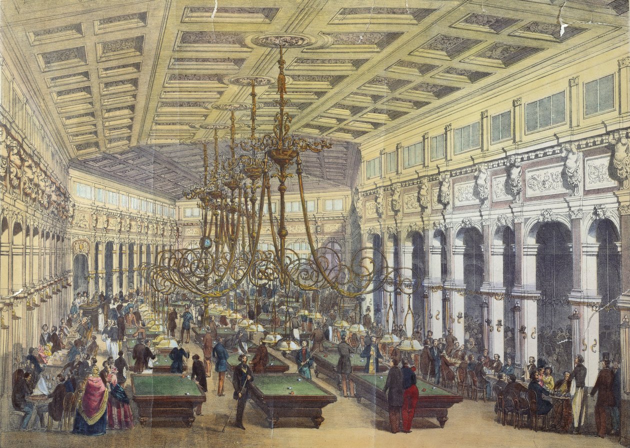 Näkymä Pariisin Grand Cafe Parisienin sisätiloihin, kaiverrus Thibault, 1855 tekijältä French School
