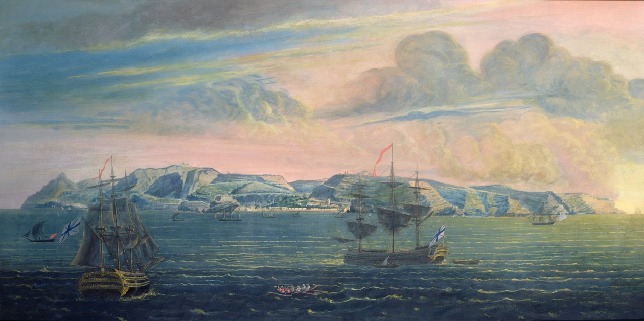Näkymä Pyhän Helenan saarelle, n. 1820 (wc ja guassi paperilla) (katso myös 182638) tekijältä French School