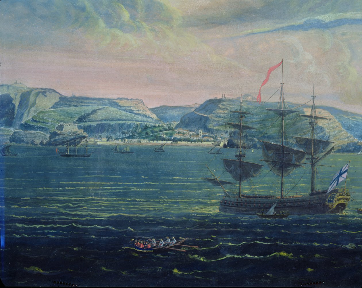 Näkymä Pyhän Helenan saarelle, n. 1820 (wc ja guassi paperilla) (katso myös 182640) tekijältä French School