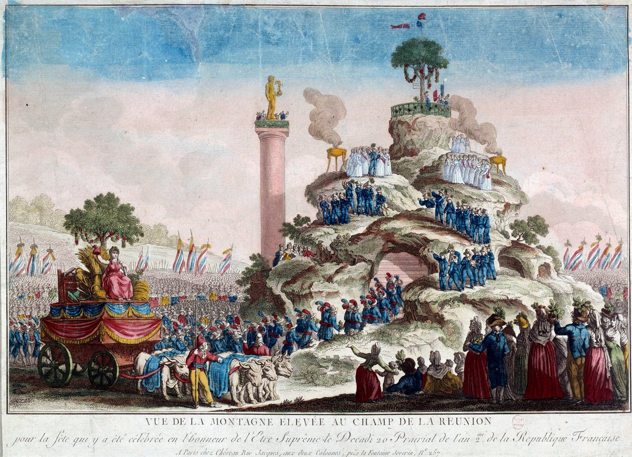 Näkymä Reunionin kentällä olevalle vuorelle. 20 praasniekka II (8/06/1794) Korkeimman Olennon juhlan yhteydessä Anonyymi kaiverrus vuodelta 1794. Pariisi, Musee Carnavalet tekijältä French School