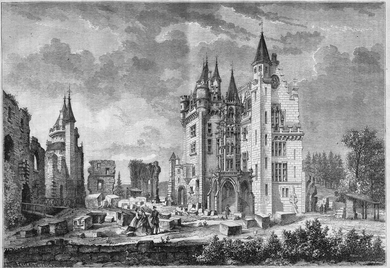 Näkymä Chateau de Pierrefondsin kunnostustöistä, jonka järjesti Eugene Viollet le Duc (Viollet-le-Duc) Napoleon III:n ja impress Eugenie de Montijon vierailun aikana. Oise (60) tekijältä French School