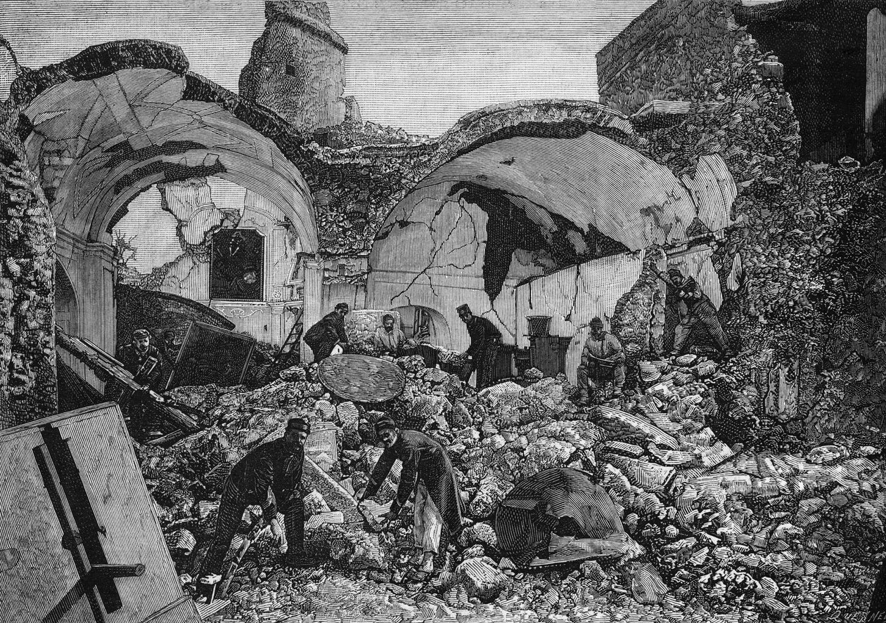Näkymä Chiese del Purgatorion raunioista, jotka tuhoutuivat vuoden 1881 maanjäristyksessä Ischian saarella (Italia). Quesnelin kaiverrus kirjassa "" The Illustrous World"" nro 1254, 9. huhtikuuta 1881. tekijältä French School