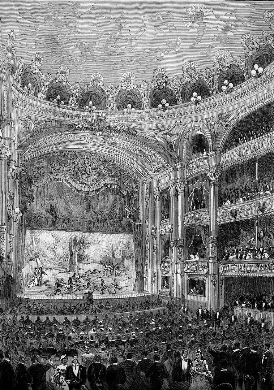 Näkymä teatterisalista Bellecour, Lyon, jonka rakensi Jules Chatron (1831-1884) vuonna 1879. Kaiverrus "" Le Monde Illustré" -julkaisussa nro 1176, 11. lokakuuta tekijältä French School