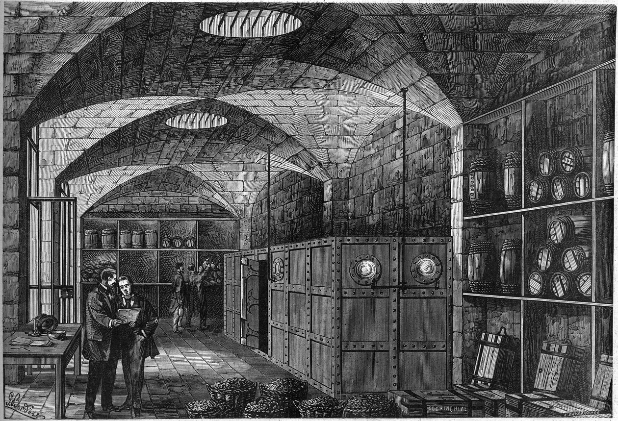 Näkymä kiristimestä, joka sijaitsee Louvren kellareissa, missä Saksaan tarkoitettu hopea on varastoitu. Ranska joutui maksamaan korvauksen tappiostaan vuoden 1870 sodan aikana. Pariisi tekijältä French School